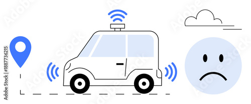 Self-driving car concept. Illustration showing autonomous vehicle with wireless signals, navigation marker, and human emotions. Self-driving technology, transportation innovation, automation. For AI
