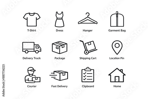 Outline icons of clothing items and delivery services