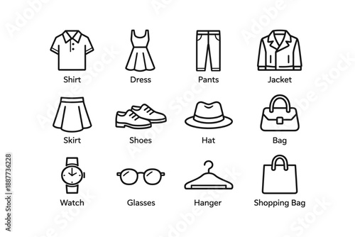 Outline icons of clothing and accessories: shirt, dress, pants, jacket, skirt, shoes, hat, bag, watch, glasses, hanger, shopping bag