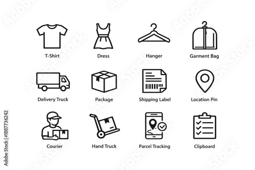 Icon set: clothing, delivery, and logistics symbols