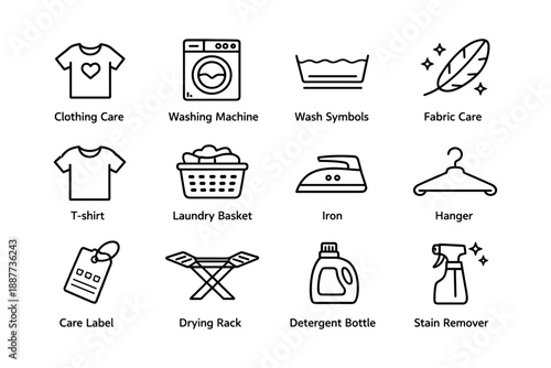Laundry care icons: washing machine, fabric care, iron, detergent, stain remover