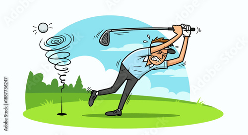 Golfer swings with dynamic motion on sunny green course