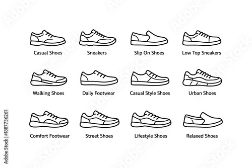 Collection of casual and lifestyle shoes icons with labels