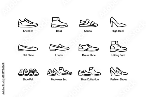 Footwear icons collection: sneakers, boots, sandals, heels, loafers, dress and hiking shoes