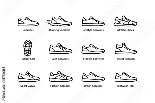 Line art icon set of various sneakers and athletic shoes
