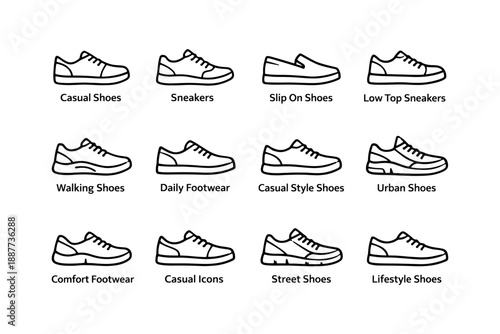 Collection of casual shoes and footwear icons including sneakers and slip ons