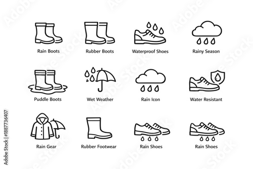 Rainy season icons: boots, shoes, umbrella, weather symbols for wet conditions