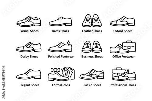 Collection of iconic formal and business shoe illustrations with accessories