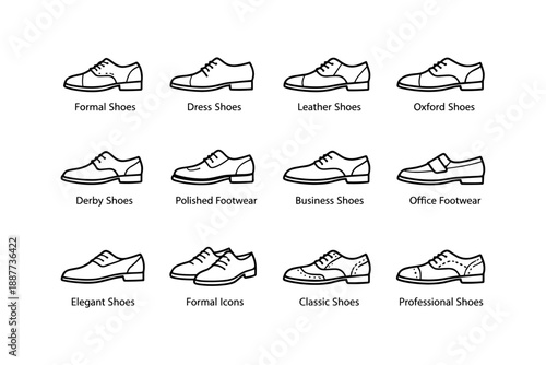 Variety of men's formal footwear icons displaying classic and modern styles