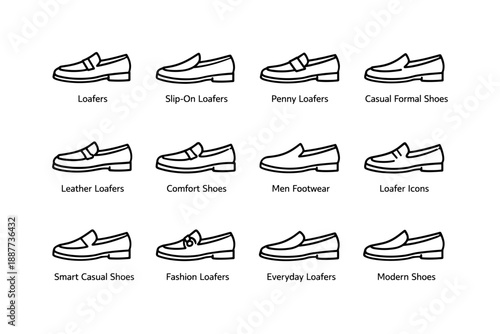 Variety of loafers and casual formal shoes with icon illustrations