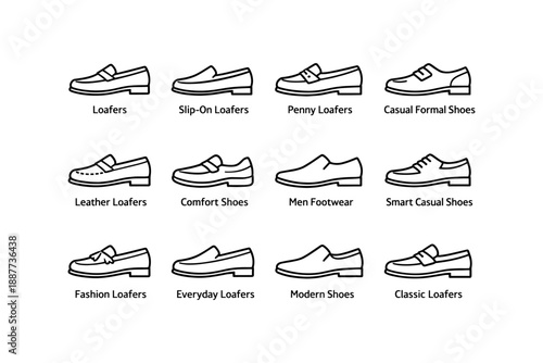 Variety of loafers and shoes: slip-on, penny, leather, fashion, modern