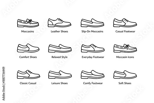 Collection of stylish moccasins and casual leather shoes icons