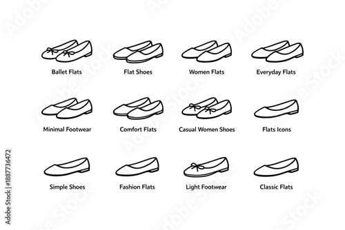 Variety of women's flat shoes illustrations featuring ballet, casual, and classic styles