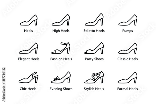 Variety of heels and pumps illustrations with labels for fashion lovers