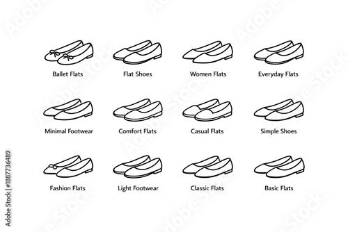 Collection of various women’s flat shoes illustrated in black and white