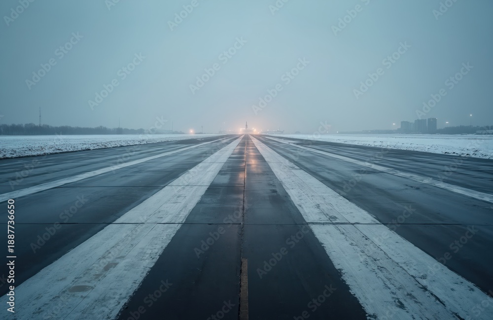Fototapeta premium Airport runway covered in snow and ice. Aircraft lights glow dimly in the foggy distance. Cold weather aviation operations on tarmac. Winter conditions at aerodrome.