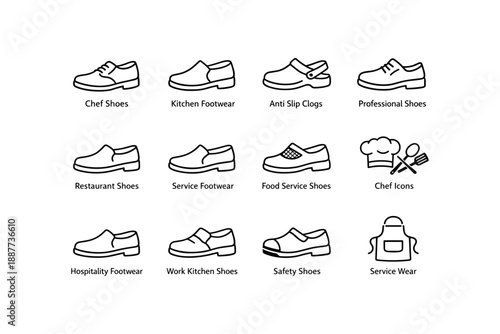 Chef and kitchen footwear icons with helmets and aprons for professional cooking