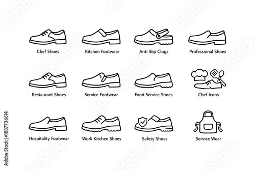 Chef and kitchen footwear icons: anti-slip, safety, and service wear designs