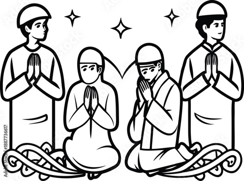 Muslim men praying and celebrating Eid in line art style for coloring book or Islamic festival decoration.