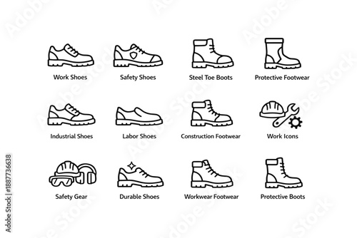 Icons of work shoes and safety gear for industrial and construction settings