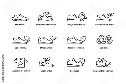 Eco shoes icons: sustainable, recycled, ethical, green, natural materials