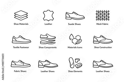 Collection of shoe icons including materials and components