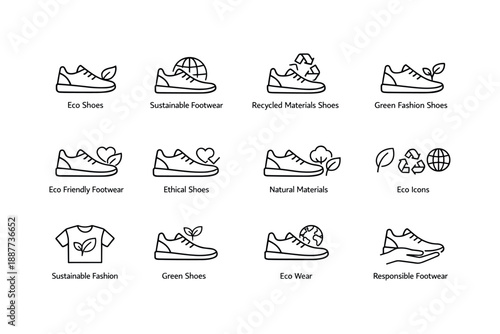 Eco-friendly shoe icons: sustainable, recycled, green, ethical footwear designs