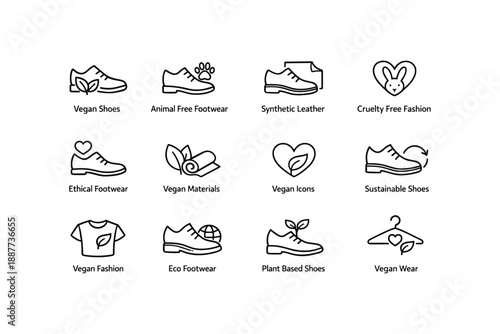 Eco-friendly vegan footwear and fashion icons set