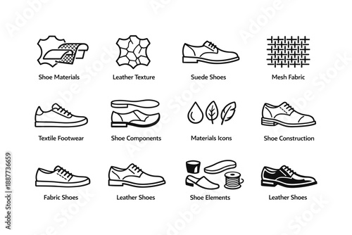Shoe materials and construction icons: leather, suede, mesh, textile footwear components