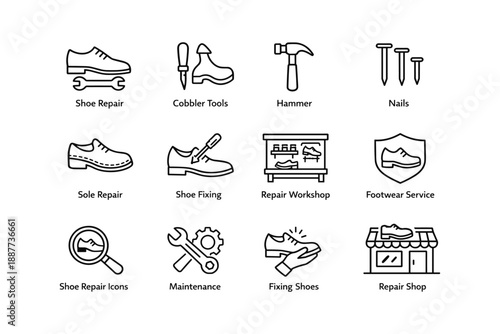 Shoe repair tools and icons featuring cobbler equipment and workshop services