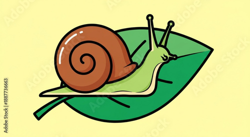 A cartoon snail with a brown shell and green body slowly crawling on a vibrant green leaf against a soft yellow background with natural lighting