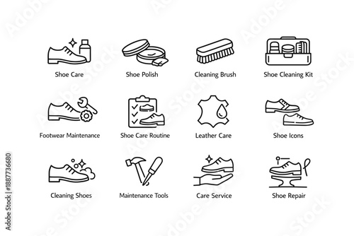 Shoe care icons: polish, brush, repair tools, and maintenance tips