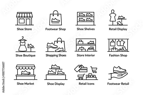 Shoe shop icons and illustration set featuring various retail elements