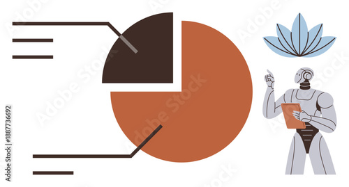 Artificial intelligence, data analysis, innovation, robotic technology, future concepts, and creativity. Robot viewing a pie chart with a stylized lotus pattern. Artificial intelligence and data