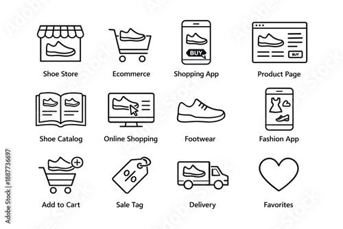 Shoe shopping icons: ecommerce, online shopping, fashion apps, and delivery
