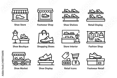 Shoe store icons: fashion, shopping, retail, display, footwear