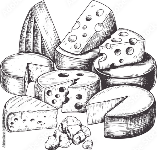 Pen and ink of various cheese types and chunks food dairy