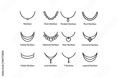 Variety of necklace styles: chain, pendant, pearl, fashion, statement, heart, gemstone, choker, lariat, y, layered