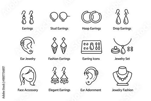 Earrings and jewelry icons collection featuring studs, hoops, drops, and necklaces