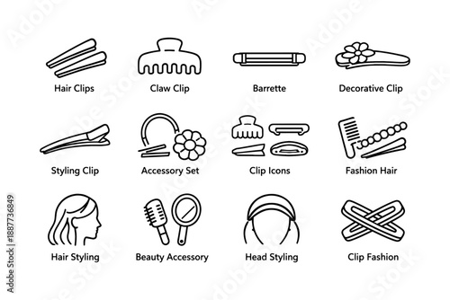 Hair accessories collection: clips, barrettes, hair styling icons and decorative sets