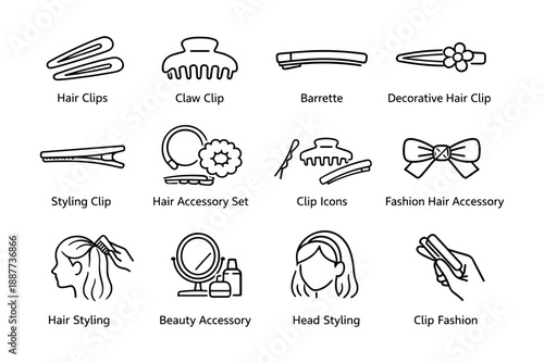 Diverse hair accessories collection featuring clips, barrettes, and styling tools
