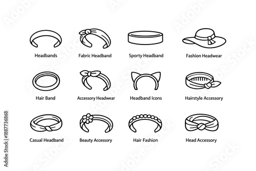 Diverse headwear icons featuring fashionable headbands and accessories