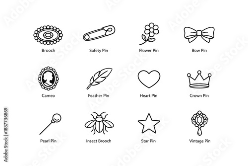 Assorted pin designs: brooch, safety, flower, bow, cameo, feather, heart, crown, pearl, insect, star, vintage