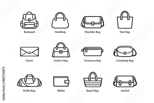 Illustrated collection of various bag types with simple icons