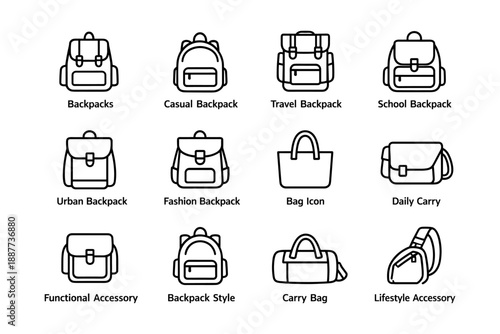 Diverse backpack and bag icons featuring various styles and designs