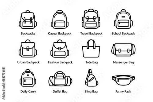 Various bag styles: backpacks, tote, duffel, messenger, sling, fanny pack icons