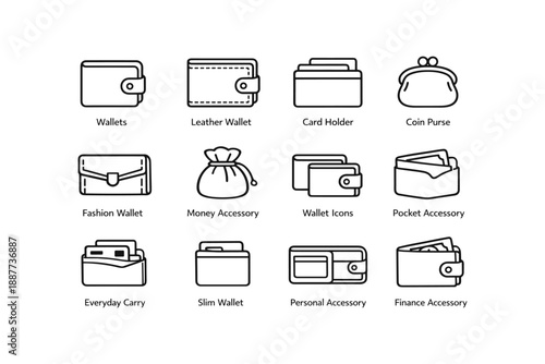 Collection of wallet and purse icons: leather, card holder, coin purse, and more