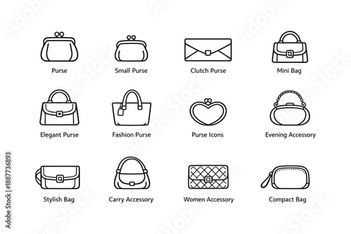 Fashion accessories icons set: purses, bags, and clutches in minimalist style