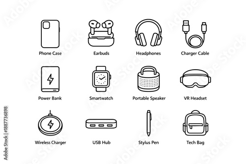 Collection of essential tech accessories: phone case, earbuds, headphones, charger cable, and more