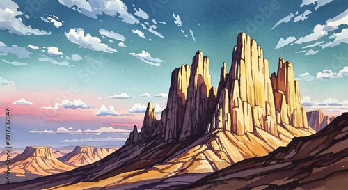 Magnificent desert landscape painted in watercolor under a vibrant sunset sky, showcasing towering rock formations and rugged terrain